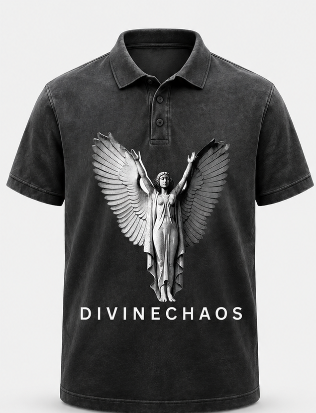 DIVINE CHAOS – Washed Black Graphic Polo T-Shirt