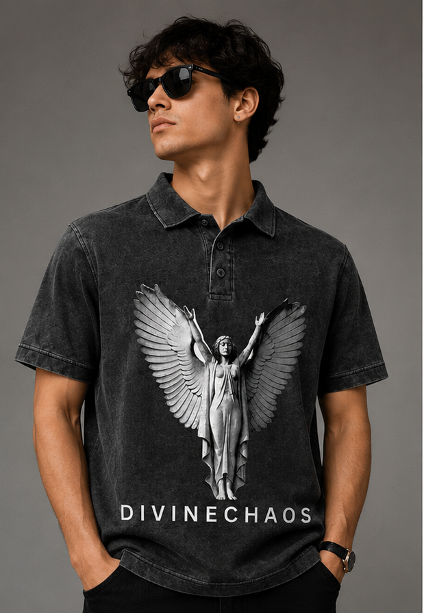 DIVINE CHAOS – Washed Black Graphic Polo T-Shirt